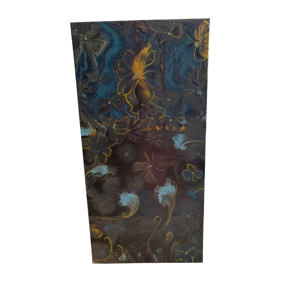 Abstract Floral Fluid Painting 10x20 Blue Gold Excellent Acrylic Pour Mixd media